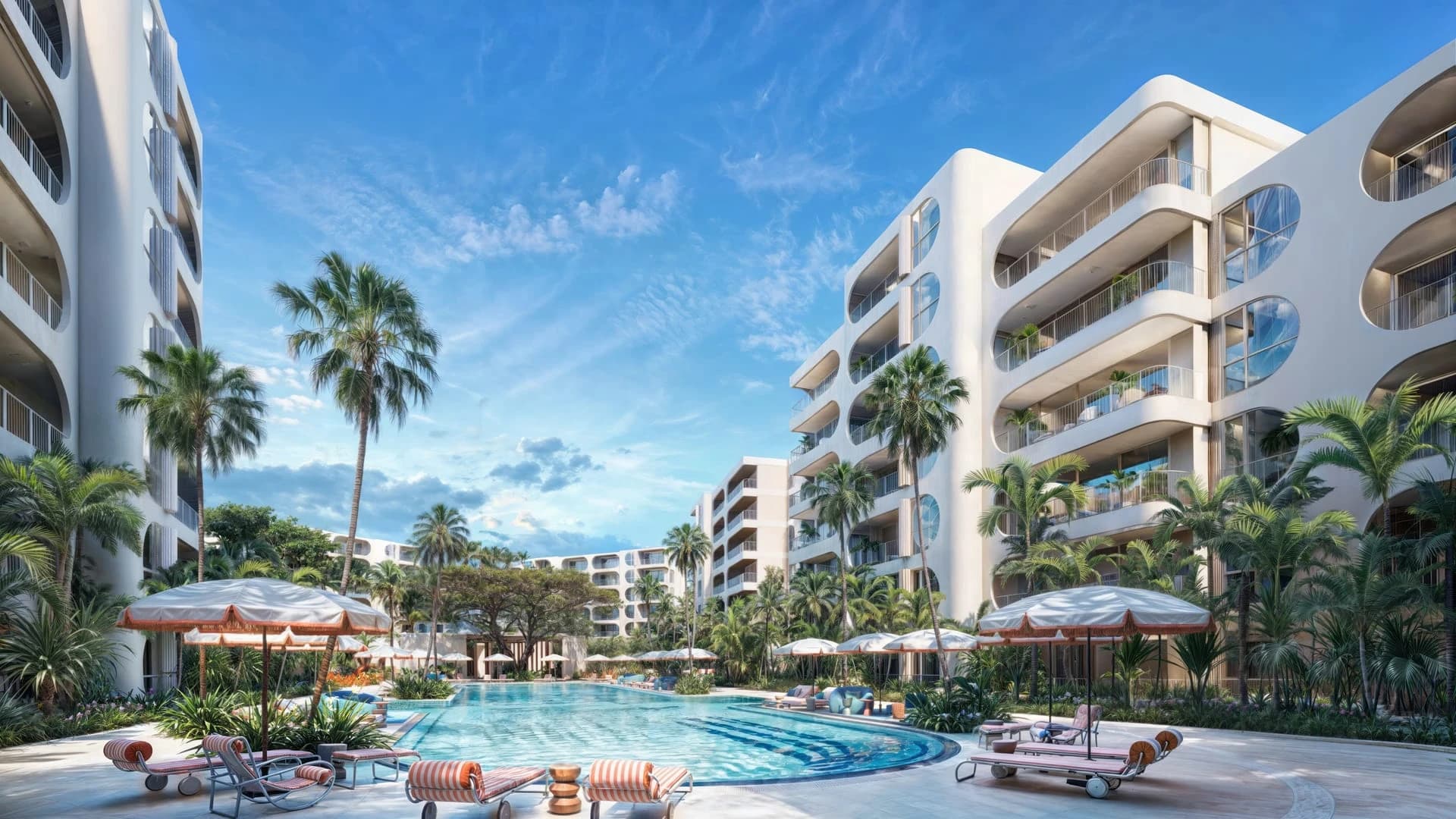 Pool with the residential buildings behind — project rendering